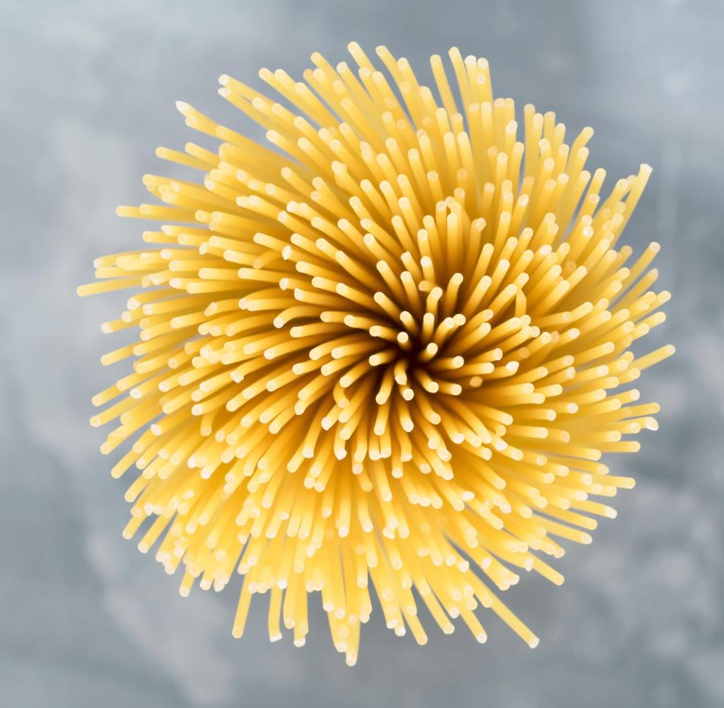 Draufsicht des Bündels italienischer Spaghetti auf dem grauen Hintergrund