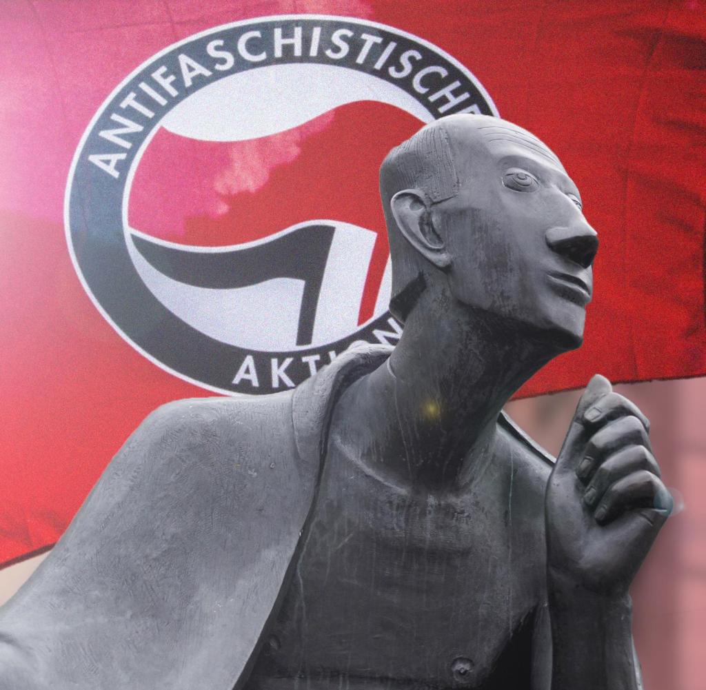Eine freundliche Umgebung für die Antifa: die Universität zu Köln - hier die Statue von Albert Magnus vor dem Hauptgebäude (Fotomontage)