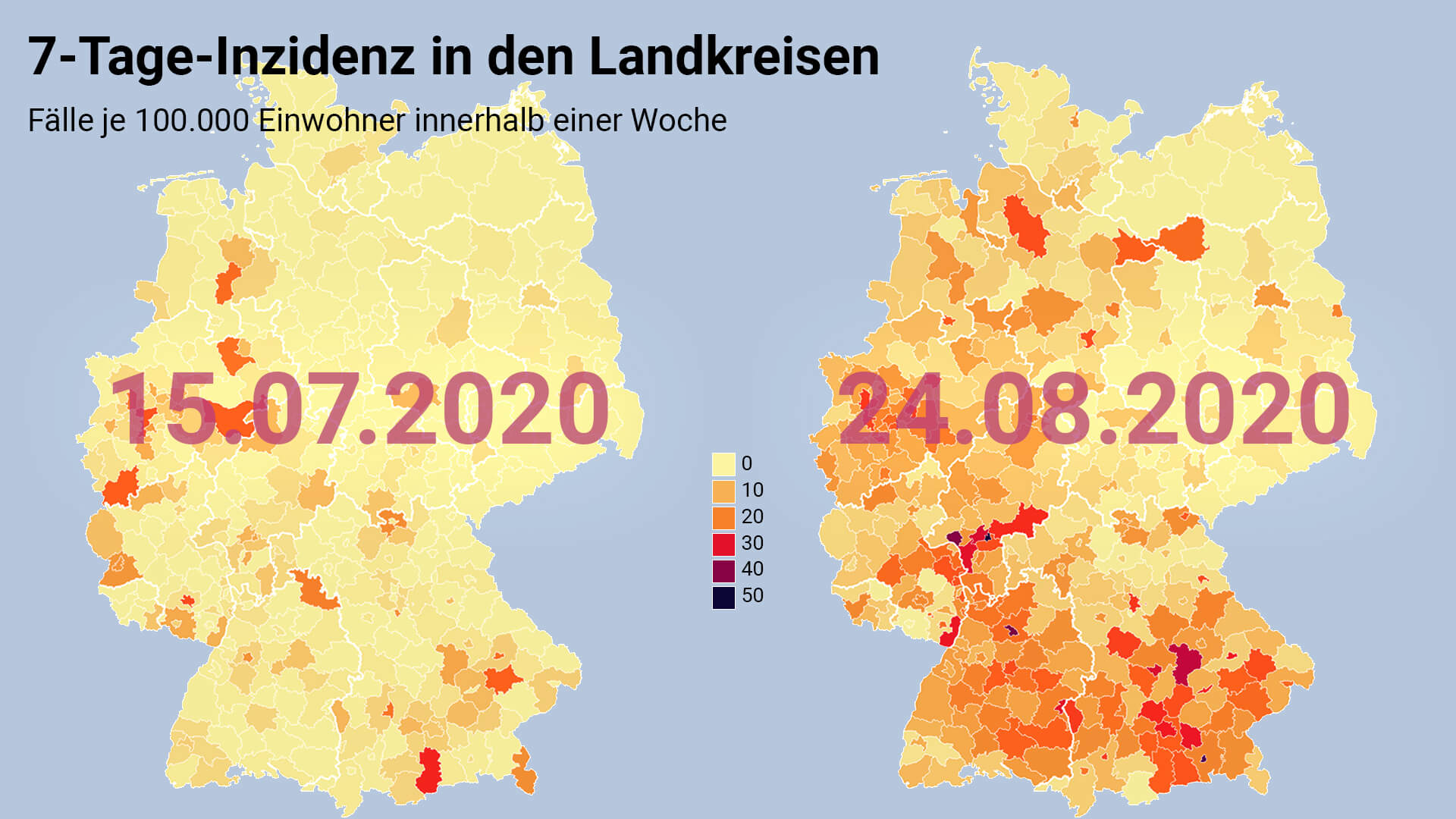 Im August hatten viele Bezirke innerhalb einer Woche mehr Fälle als im Juli.  Quelle: RKI (Quelle: t-online.de/Datawrapper)