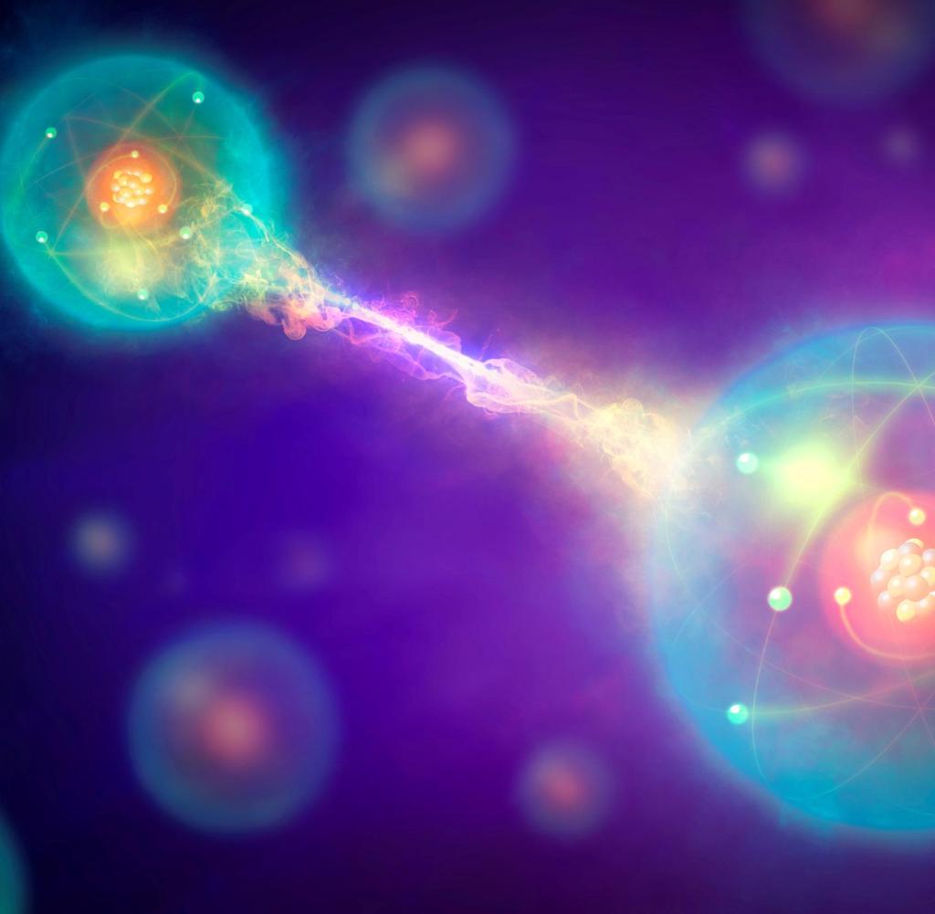 Künstlerische Darstellung einer quantenphysikalischen Verschränkung von Teilchen
