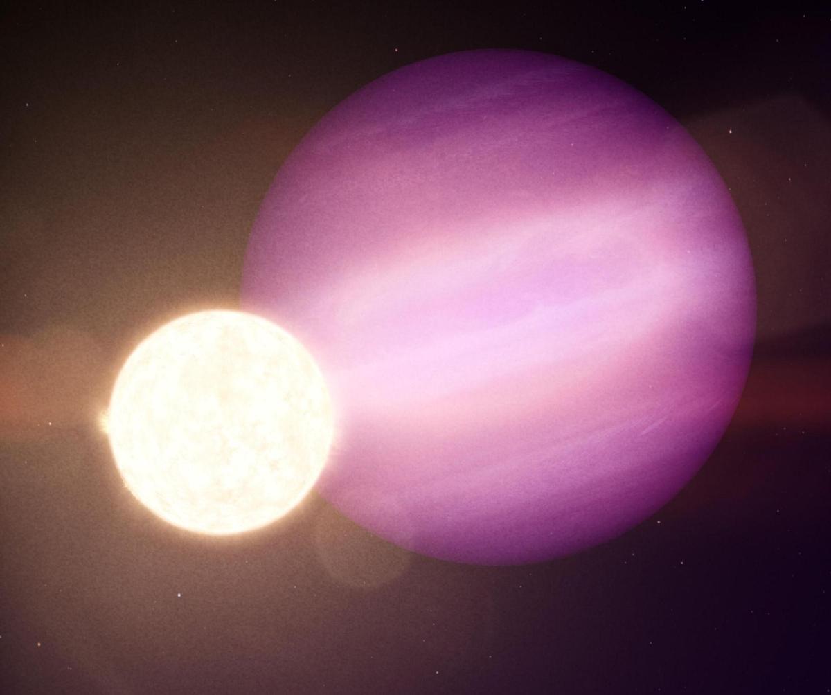 Künstlerische Darstellung des Riesenplaneten WD 1856 b, der einen kleinen und schwach leuchtenden Stern namens Weißer Zwerg umkreist.