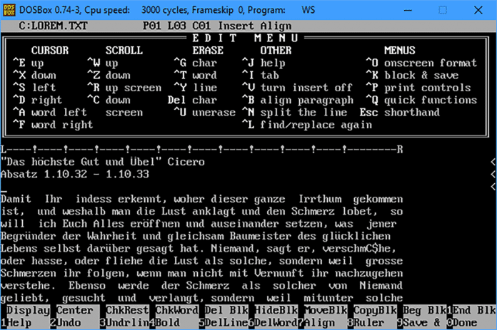 WordStar läuft reibungslos in der DOSBox und fühlt sich an wie damals.  Aber der Spaß ist begrenzt.