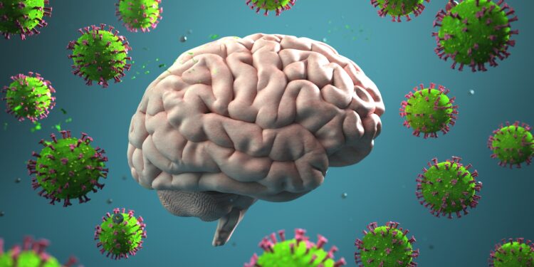 Simuliertes Gehirn, das von einem übergroßen Coronavirus umkreist wird.