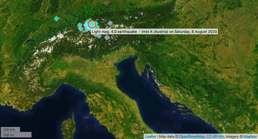 User Experience Reports und Epizentrum (roter Kreis) des Erdbebens der letzten Nacht in Österreich