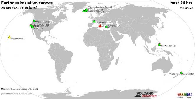 Weltkarte mit Vulkanen mit flachen Erdbeben (weniger als 20 km) im Umkreis von 20 km in den letzten 24 Stunden am 26. Januar 2021 Die Zahl in Klammern gibt die Anzahl der Erdbeben an.