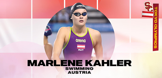 Marlene Kahler trägt eine Brille und eine Badeuniform im Kreis, unter der ihr Name, Sportart und Land geschrieben stehen und vor dem Hintergrund der österreichischen Flagge.