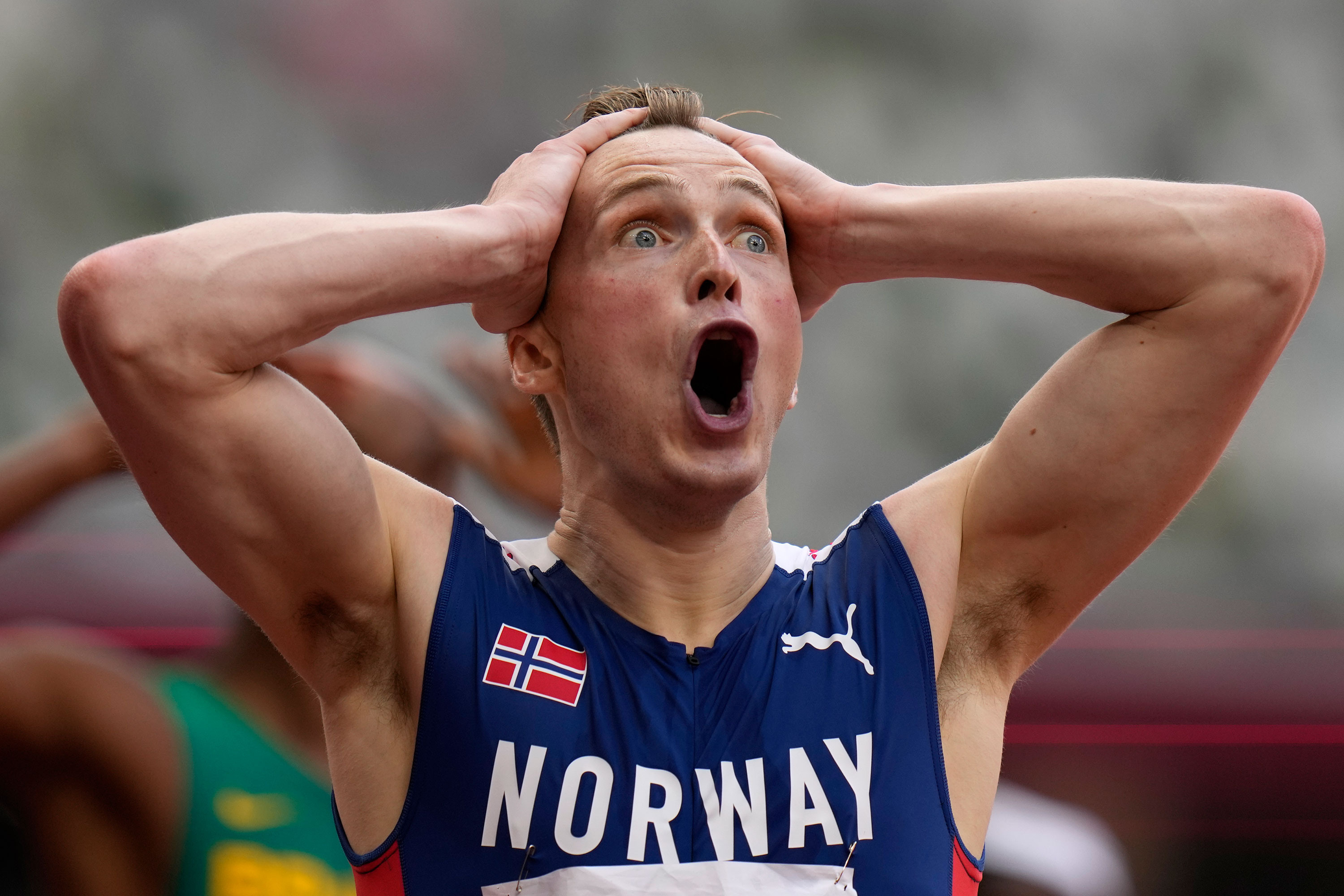 Der Norweger Karsten Warholm reagiert nach dem Sieg im 400-Meter-Hürden-Finale der Herren am Dienstag.