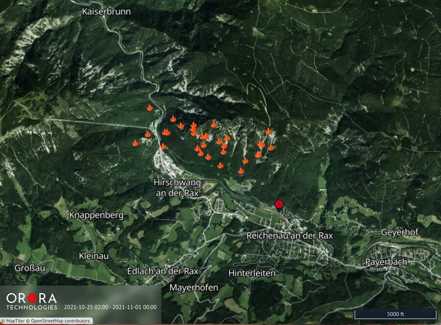     Karte der Waldbrände in der Region Hirschwant in Österreich