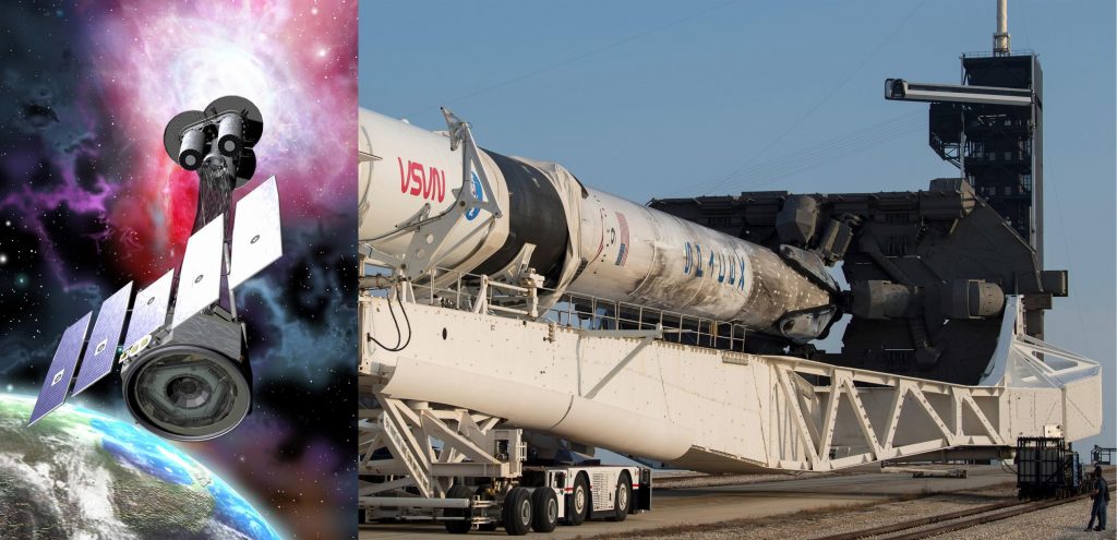 SpaceX Falcon 9-Rakete wird auf der Startrampe mit dem NASA-Röntgenteleskop eingesetzt