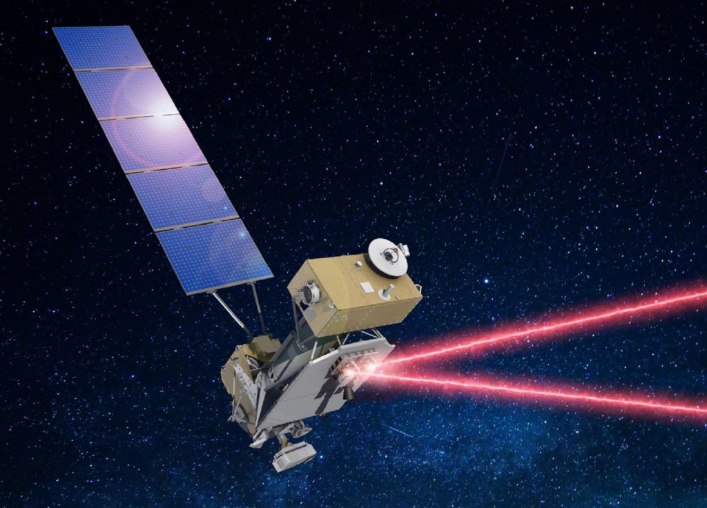 LCRD spacecraft shooting out red lasers in an artist