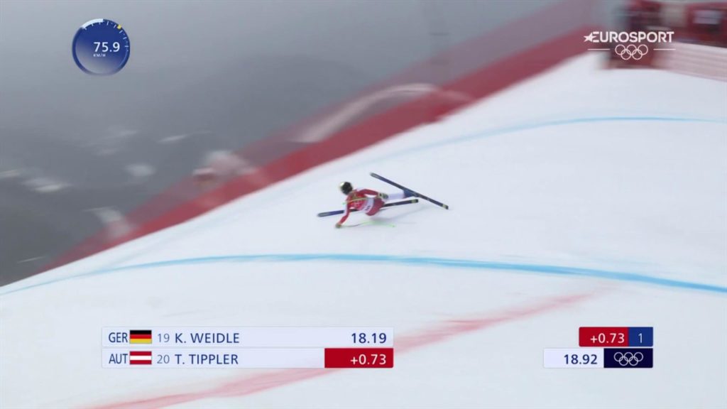 Die Skifahrerin Tamara Tippler macht eine erstaunliche Parade, um einen gewaltigen Sturz mit 110 km/h bei der Abfahrt bei den Olympischen Winterspielen zu vermeiden