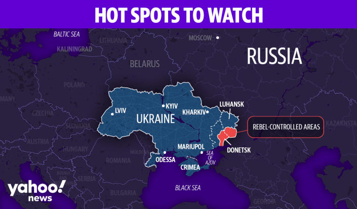 Karte der Ukraine, einschließlich der Gebiete unter russischer Kontrolle in der Donbass-Region.  (Yahoo Nachrichten)