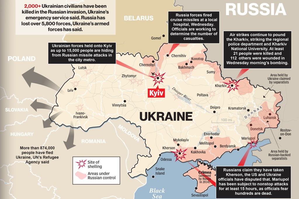 Eine Karte, die zeigt, wo das russische Militär bis zum 2. März 2022 in der Ukraine angegriffen hat.