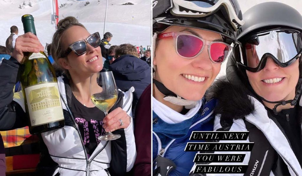 Kathryn Thomas beendet ihren Skiausflug mit einer riesigen Flasche Wein