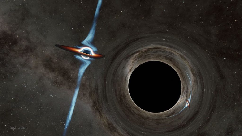 2 schwarze Monsterlöcher steuern auf eine Kollision zu, die das Gewebe der Raumzeit erschüttern wird