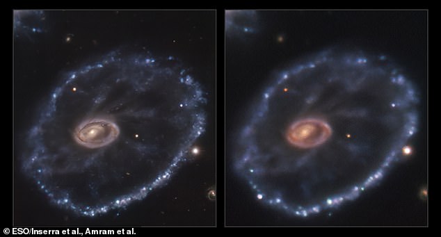 Astronomen haben den Moment festgehalten, in dem ein Stern 500 Millionen Lichtjahre von der Erde entfernt in einer spektakulären Supernova explodierte und das Ende seines Lebens markierte.  Das linke Bild stammt aus dem Jahr 2014 vor der Explosion, das rechte Bild aus dem Jahr 2021 mit der Explosion unten rechts