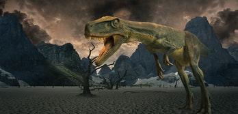 Ein Dinosaurier zeigt seine scharfen Zähne.