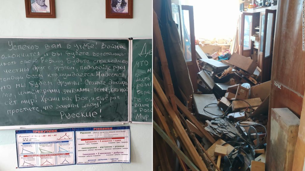 Russische Soldaten zerstörten eine ukrainische Schule.  Dann hinterließen sie angeblich Nachrichten für Studenten, in denen sie zum Frieden aufriefen