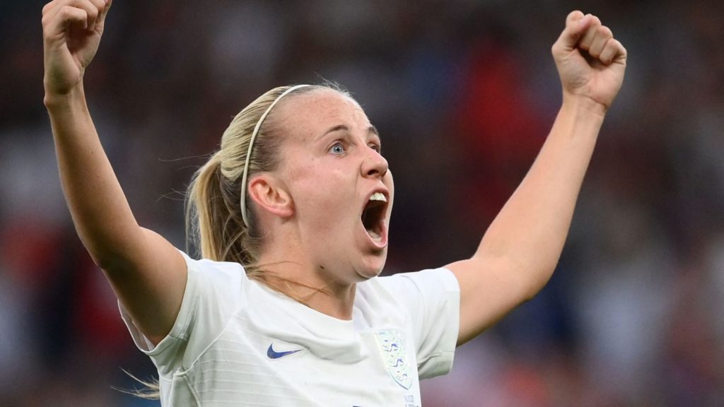 Beth Mead celebrates scoring England's opening goal against Austria in the opening fixture of Euro 2022 at Old Trafford