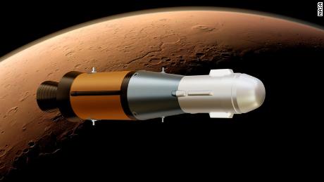 Diese Abbildung zeigt das Mars Ascent Vehicle der NASA, das den Mars mit den Proben an Bord umkreist.