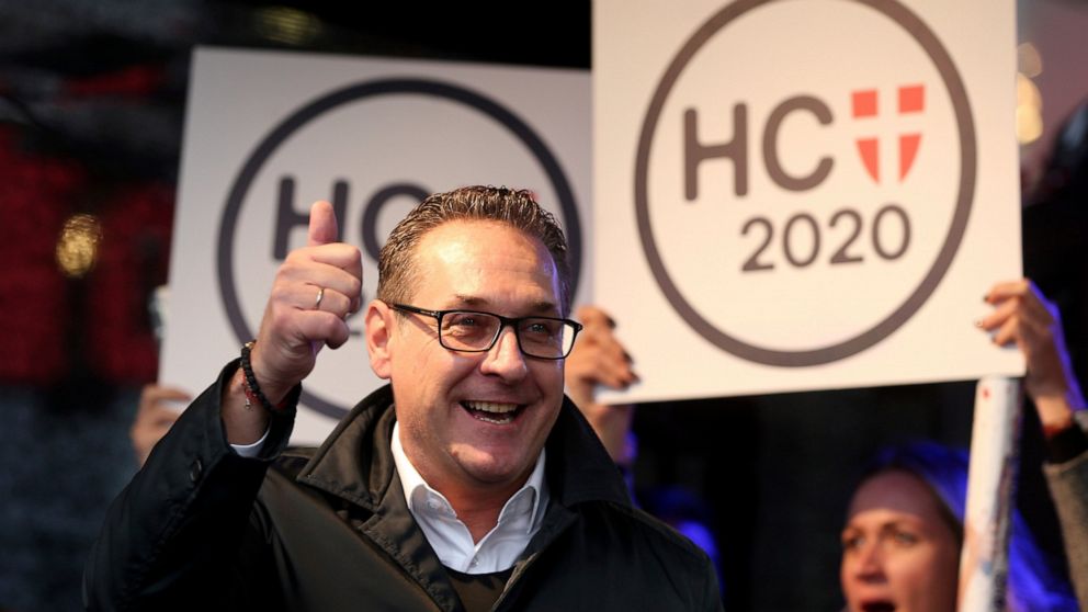 FILE -- Heinz-Christian Strache, former leader of the right-wing Freedom Party, FPOE, delivers a speech for his party Team Strache at a closing rally ahead for the local elections in Vienna, Austria, Wednesday, Oct. 7, 2020. Former Austrian Vice Chan