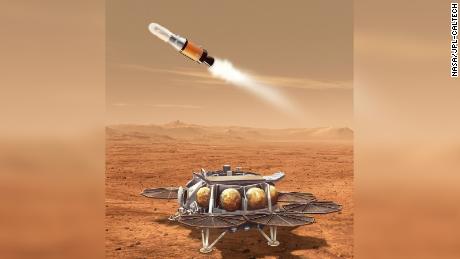 Diese Abbildung zeigt ein Konzept für einen vorgeschlagenen Probenbergungslander und ein Marsaufstiegsfahrzeug.