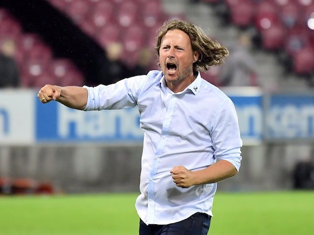C Midtjylland-Trainer Bo Henriksen feiert nach dem Spiel am 28. Juli 2021