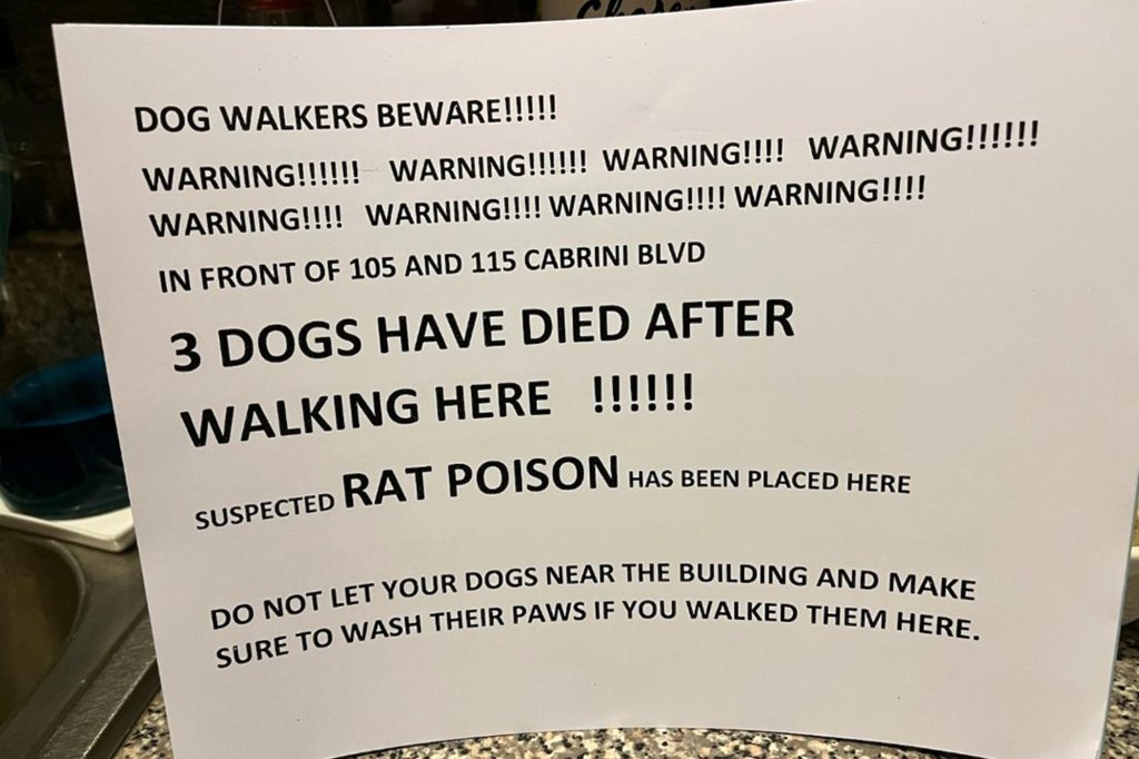 Nachbarn in Washington Heights warnen, dass Rattengift überall in der Gegend gepflanzt wird und Hunde tötet.