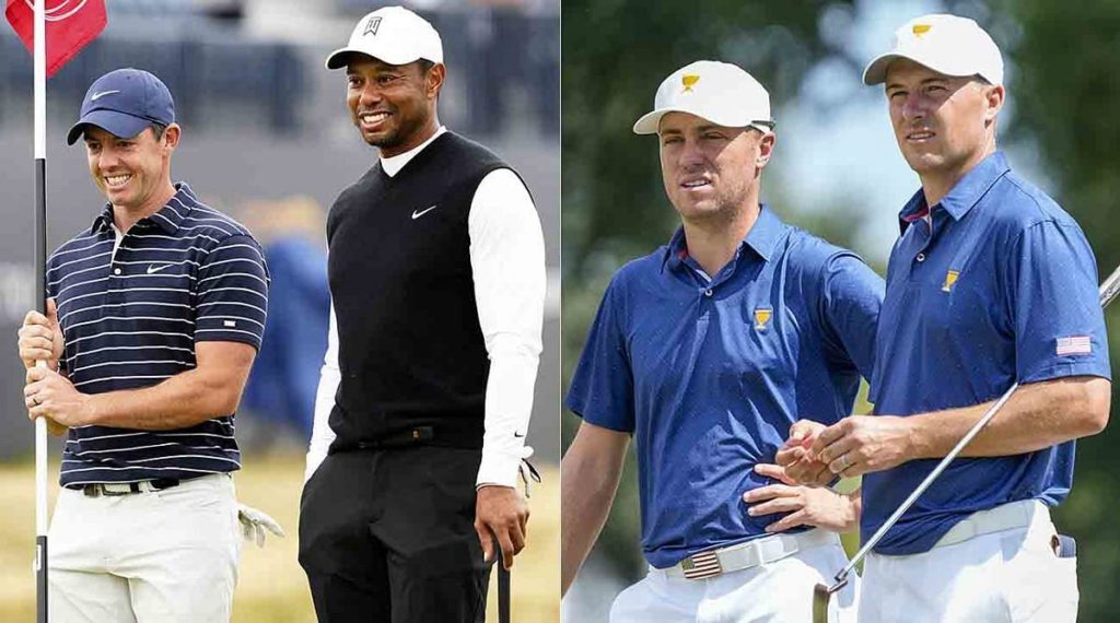 Tiger Woods and Rory McIlroy with Justin Thomas and Jordan Spieth